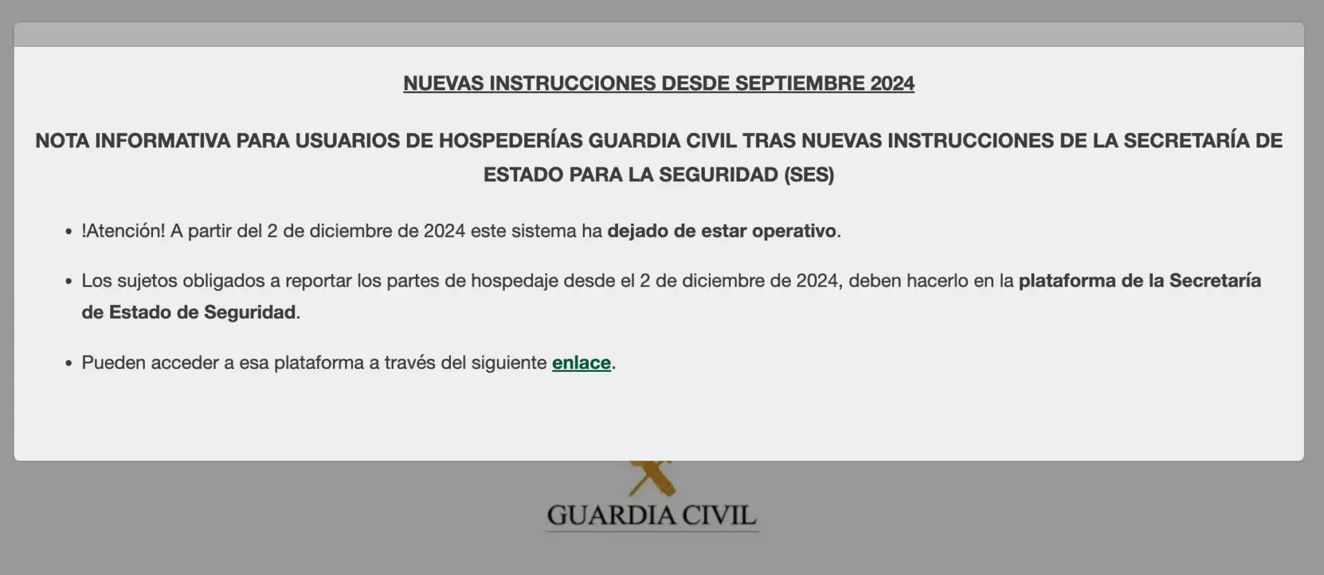 Mensaje hospederias guardia civil